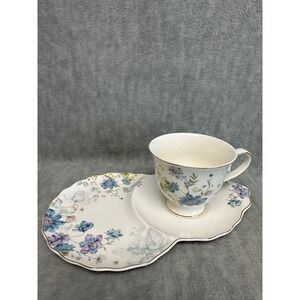 VTG Grace's Teaware Floral Cup Saucer Plate Set Blue‎ Purple Flowers Gold Trim